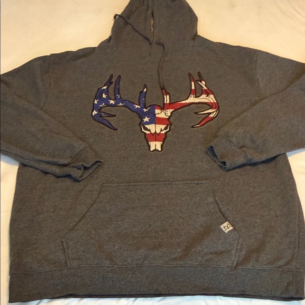 Buck Wear Gray Hoodie with Patriotic Antler Design